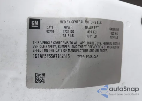 2010 Chevrolet Cobalt Lt z USA, uszkodzony, nr VIN 1G1AF5F55A7182315